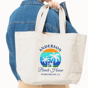 Grand Tote Bag Nom de famille Beach House Sun Palm Trees