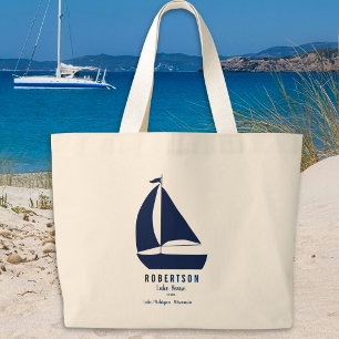 Grand Tote Bag Nom de famille de voilier bleu marine nautique