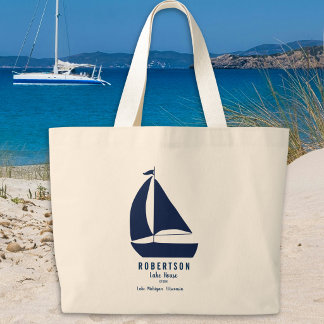 Grand Tote Bag Nom de famille de voilier bleu marine nautique