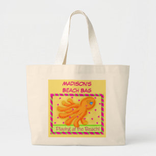 Grand Tote Bag Nom Octopus Personnalisé Jaune Orange Plage Fourre