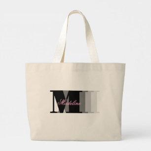 Grand Tote Bag Nuances de noir Monogramme Typographie Pink Script