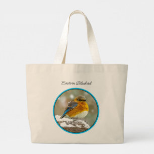 Grand Tote Bag Oiseau bleu de l'Est dans l'orage de neige Photo o