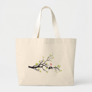 Grand Tote Bag Oiseaux dans l'amour avec les coeurs rouges sur
