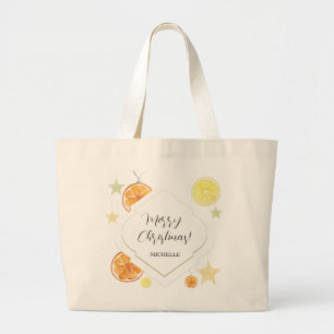 Grand Tote Bag Oranges mignonnes et étoiles sur beige