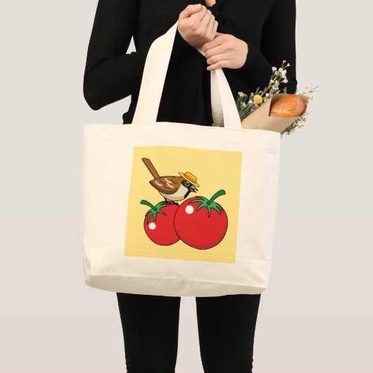 Grand Tote Bag Organic lover Sparrow Eating Red Tomato (Devant (produit))