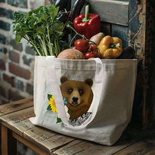 Grand Tote Bag Ours Brun Fleurs Bleues Plume Faune
