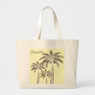 Grand Tote Bag Palmier côtier neutre Brown Pastel Nom jaune