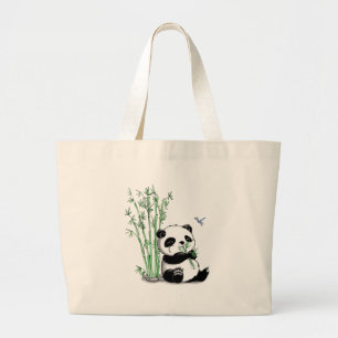 Grand Tote Bag Panda mangeant le bambou