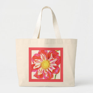 Grand Tote Bag Papier dahlia rayé rouge et blanc corail