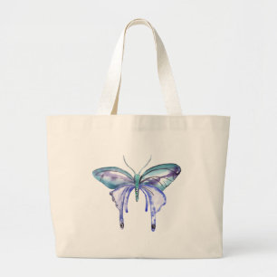 Grand Tote Bag papillon bleu aqua violet aquarelle