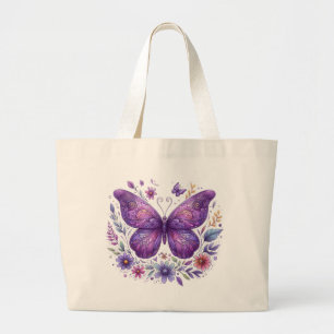 Grand Tote Bag Papillon pourpre aux fleurs