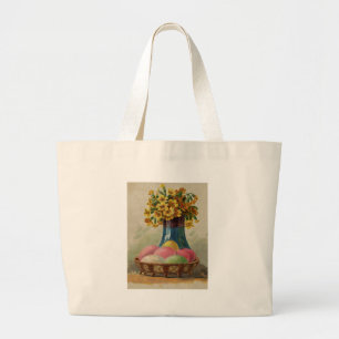 Grand Tote Bag Pâques Panier Œufs Fleurs Antique