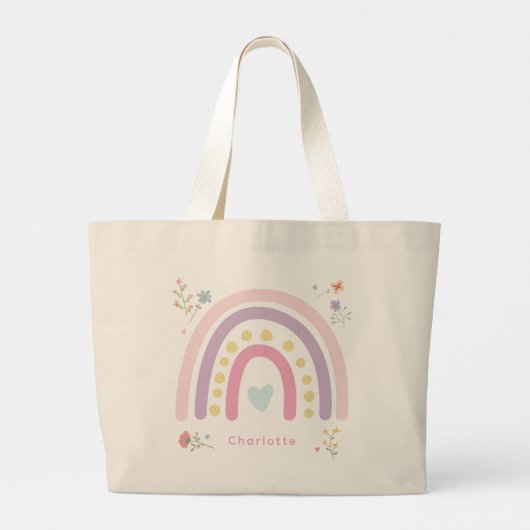 Grand Tote Bag Pastel Rainbows Girly Fleurs sauvages & Coeurs (Dos)
