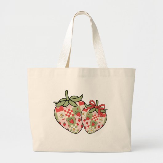 Grand Tote Bag Patchwork Strawberry Hearts Cute Coquette Art (Devant)