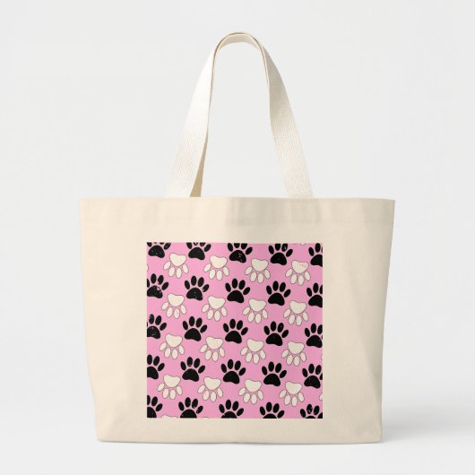 Grand Tote Bag Pattes noires et blanches en détresse sur fond ros (Devant)