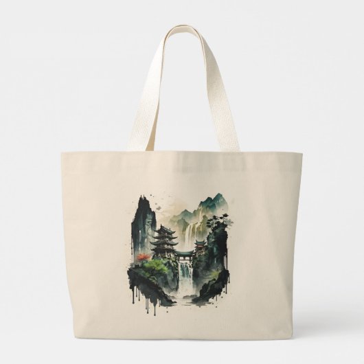 Grand Tote Bag Paysage antique de l'encre chinoise avec cascade (Dos)