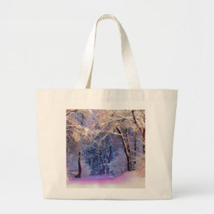 Grand Tote Bag Paysage hivernal avec l'aquarelle des arbres neigé