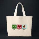 Grand Tote Bag Peace Love Horses<br><div class="desc">J'adore les beaux chevaux. Un joli signe de paix vert, un coeur rouge et un cheval brun sur un carré bleu font un joli cadeau équestre sac fourre-tout.</div>