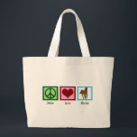 Grand Tote Bag Peace Love Horses<br><div class="desc">J'adore les beaux chevaux. Un joli signe de paix vert, un coeur rouge et un cheval brun sur un carré bleu font un joli cadeau équestre sac fourre-tout.</div>