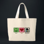Grand Tote Bag Peace Love Immobilier<br><div class="desc">Joli cadeau immobilier pour un immobilier,  une société de titre,  un courtier en hypothèques,  un agent de prêt ou même un nouveau propriétaire. Un signe de paix,  un coeur et une maison.</div>