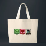 Grand Tote Bag Peace Love Immobilier<br><div class="desc">Joli cadeau immobilier pour un immobilier,  une société de titre,  un courtier en hypothèques,  un agent de prêt ou même un nouveau propriétaire. Un signe de paix,  un coeur et une maison.</div>