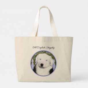 Grand Tote Bag Peinture de chiot Old English Sheepdog Art de chie