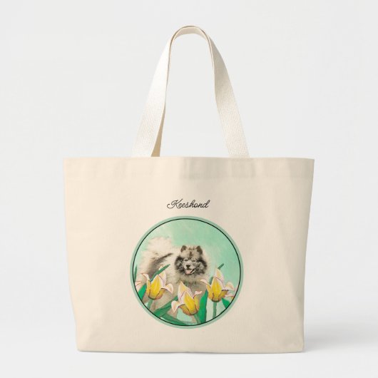 Grand Tote Bag Peinture Keeshond dans les tulipes mignonne art or (Devant)