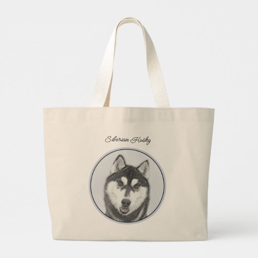 Grand Tote Bag Peinture sibérienne Husky art Chien noir et blanc (Dos)