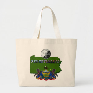 Grand Tote Bag Pennsylvanie Carte, trimestre, drapeau et texte de