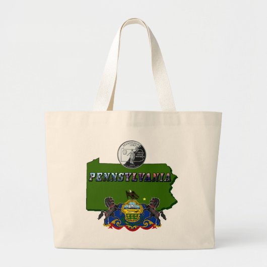 Grand Tote Bag Pennsylvanie Carte, trimestre, drapeau et texte de (Devant)