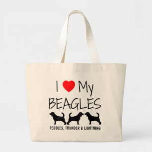 Grand Tote Bag Personnalisé J'Aime Mes Trois Beagles
