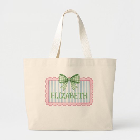 Grand Tote Bag Pink and Blue Frame With Green Gingham Bow (Devant)