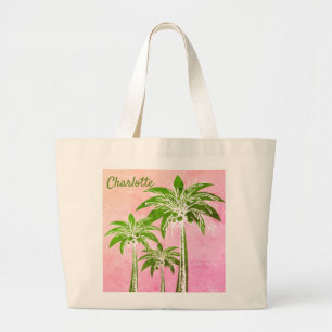 Grand Tote Bag Pink Coastal Ombre Green Palm Tree Aquarelle Nom