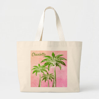 Grand Tote Bag Pink Coastal Ombre Green Palm Tree Aquarelle Nom