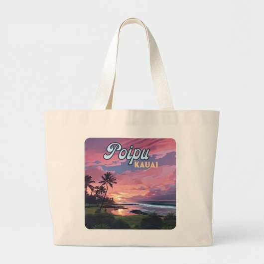 Grand Tote Bag Poipu Kauai Hawaii Plage Palmiers Rétro (Devant)