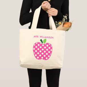 Grand Tote Bag Pomme de professeur à pois rose et vert