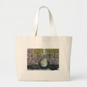 Grand Tote Bag Pont d'Amsterdam et la scène du Canal à l'automne