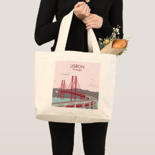 Grand Tote Bag Pont de Lisbonne sur le fleuve Tage au style vinta