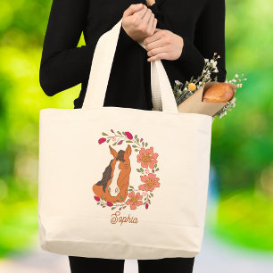 Grand Tote Bag Portrait de cheval à la couronne florale lumineuse