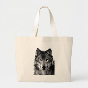 Grand Tote Bag Portrait de loup noir et blanc