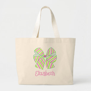 Grand Tote Bag Préppy rose et vert rayé vaches personnalisées