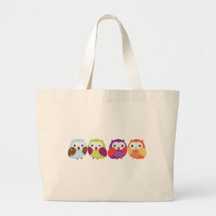 Grand Tote Bag Quatre hiboux colorés
