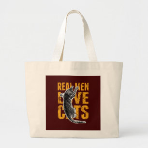 Grand Tote Bag Real Men Love Chats sur rouge bordeaux