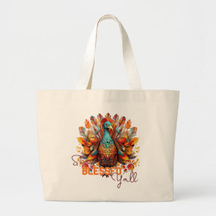 Grand Tote Bag Restez béni Y'all avec une Turquie colorée
