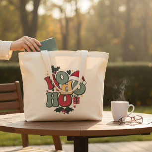 Grand Tote Bag Retro Ho Ho Ho Noël Holiday Holly Santa Hat