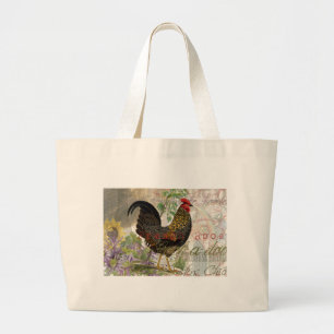 Grand Tote Bag Rooster vintage Français Collage Ferme Animaux dom