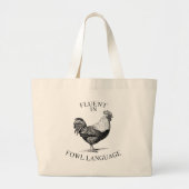 Grand Tote Bag rooster with a funny fluent in fowl language quote (Devant)