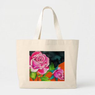Grand Tote Bag Rose rose avec art aquarelle orange