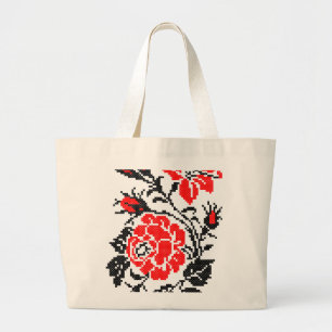 Grand Tote Bag Rose rouge&noir motif de broderie russe