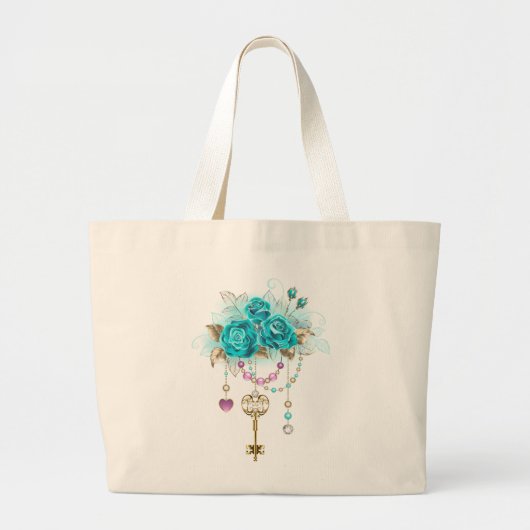 Grand Tote Bag Roses turquoise avec touches (Devant)